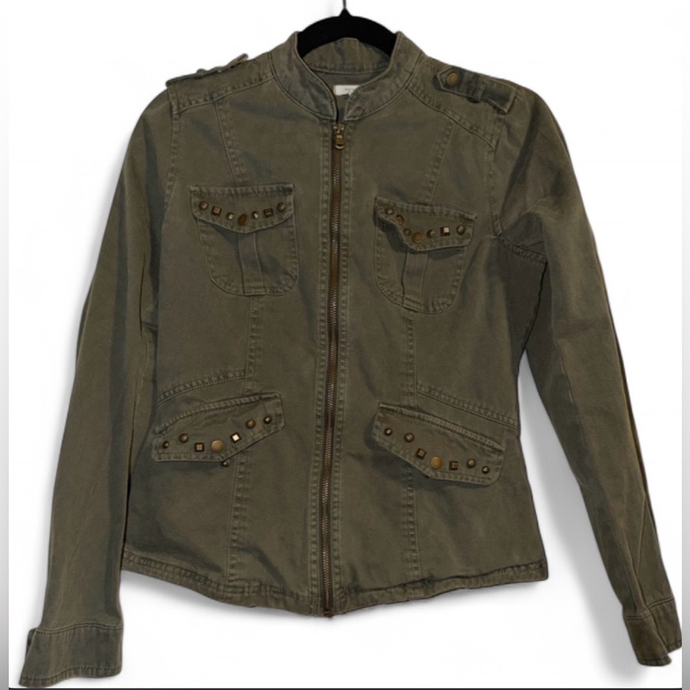 100% Cotton Utility Style Green Studded Moto Zip Up Lightweight Women's Jacket